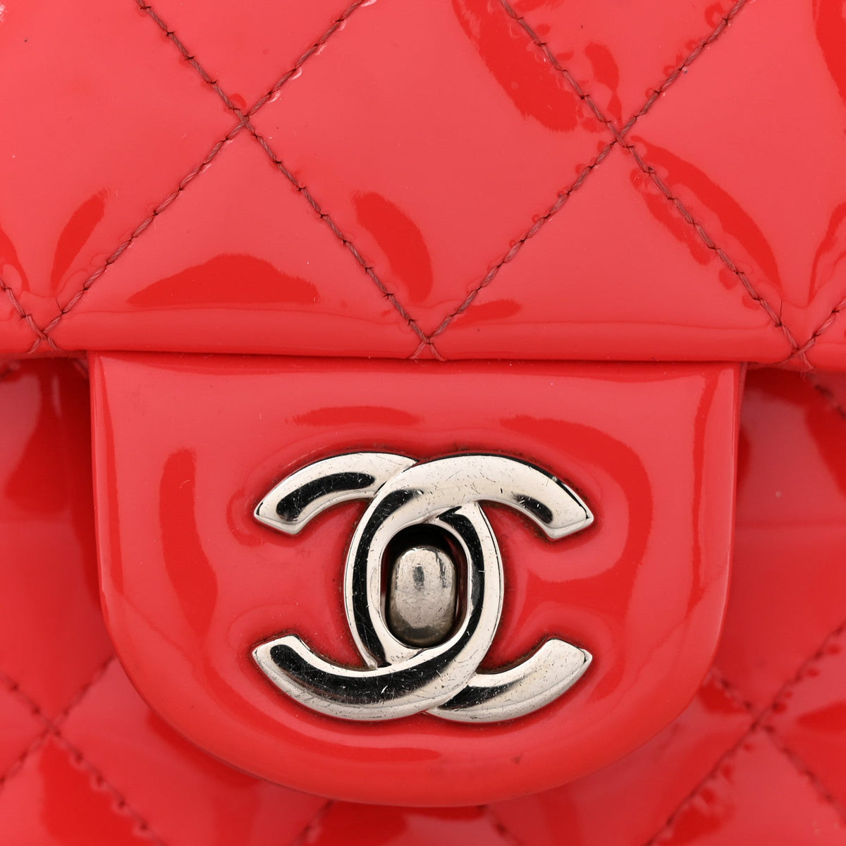 Patent Calfskin Quilted Mini Rectangular Flap Coral