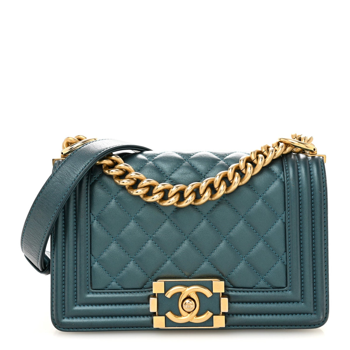 Metallic Calfskin Quilted Small Boy Flap Blue