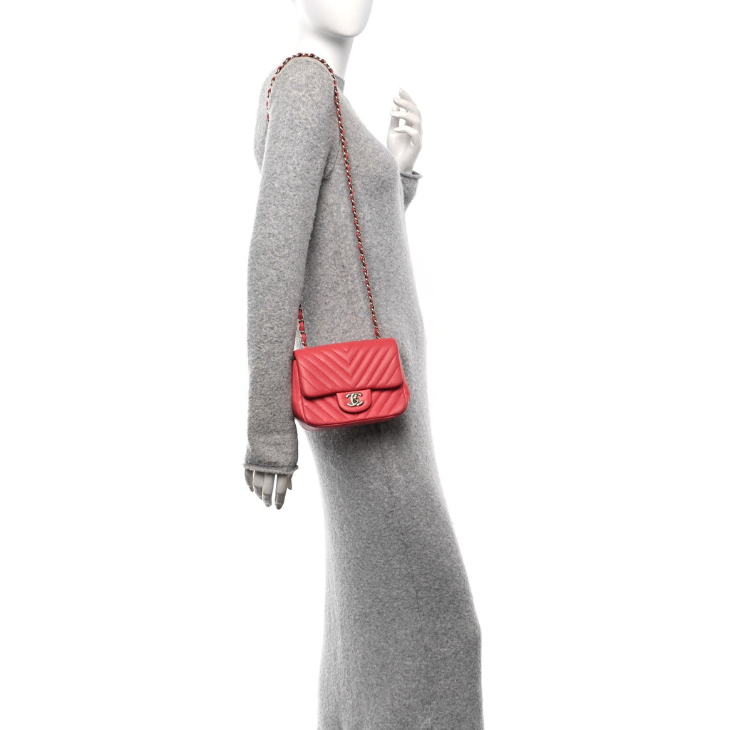 Lambskin Chevron Quilted Mini Square Flap Coral