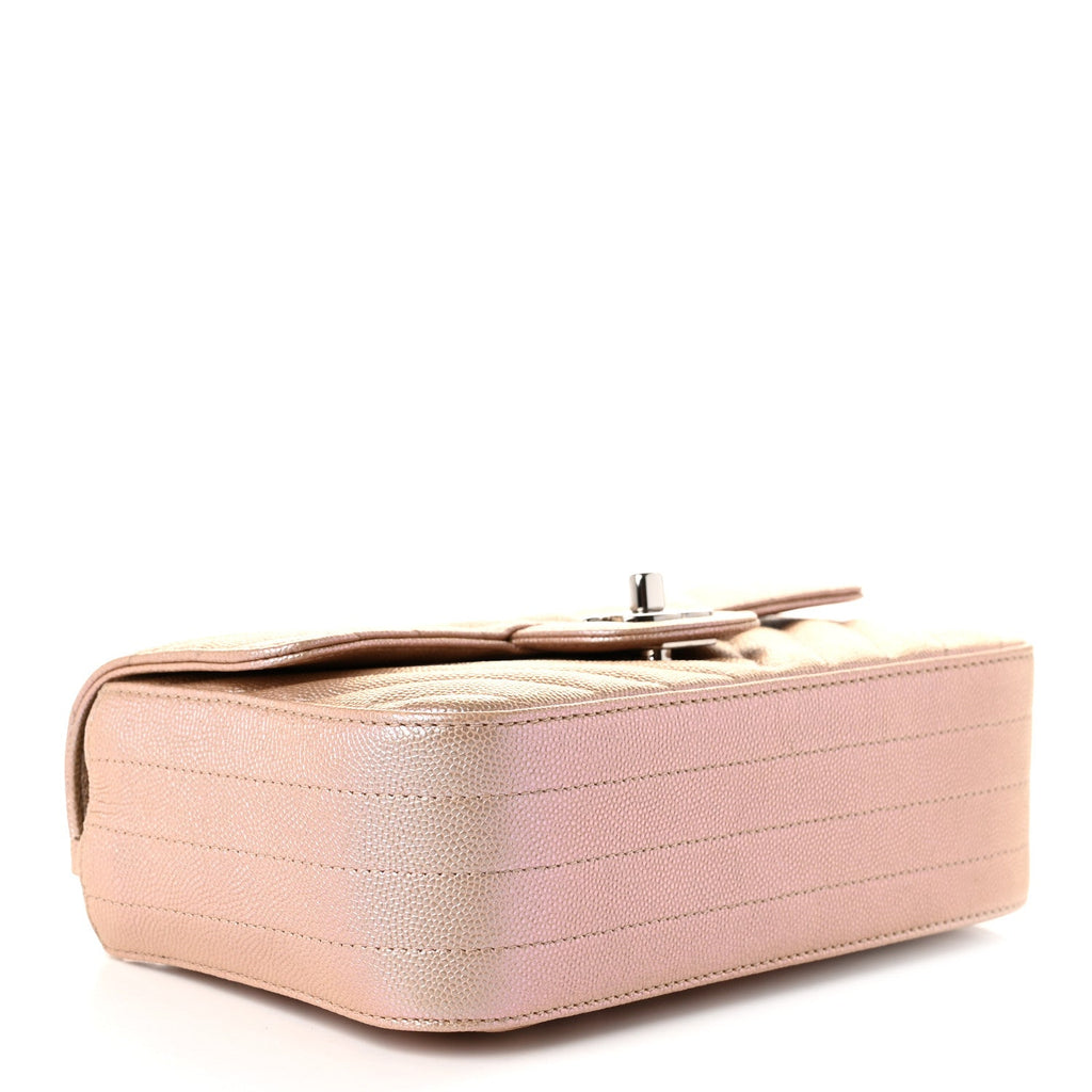 Iridescent Caviar Chevron Quilted Mini Rectangular Flap Light Gold