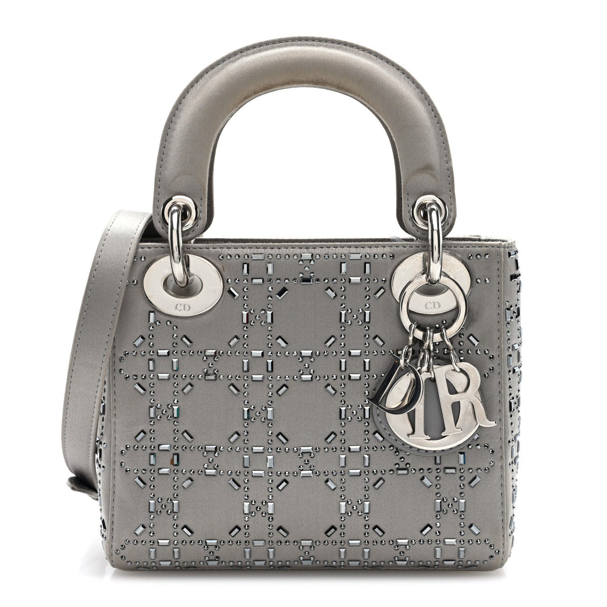 Satin Crystal Cannage Mini Lady Dior Gray