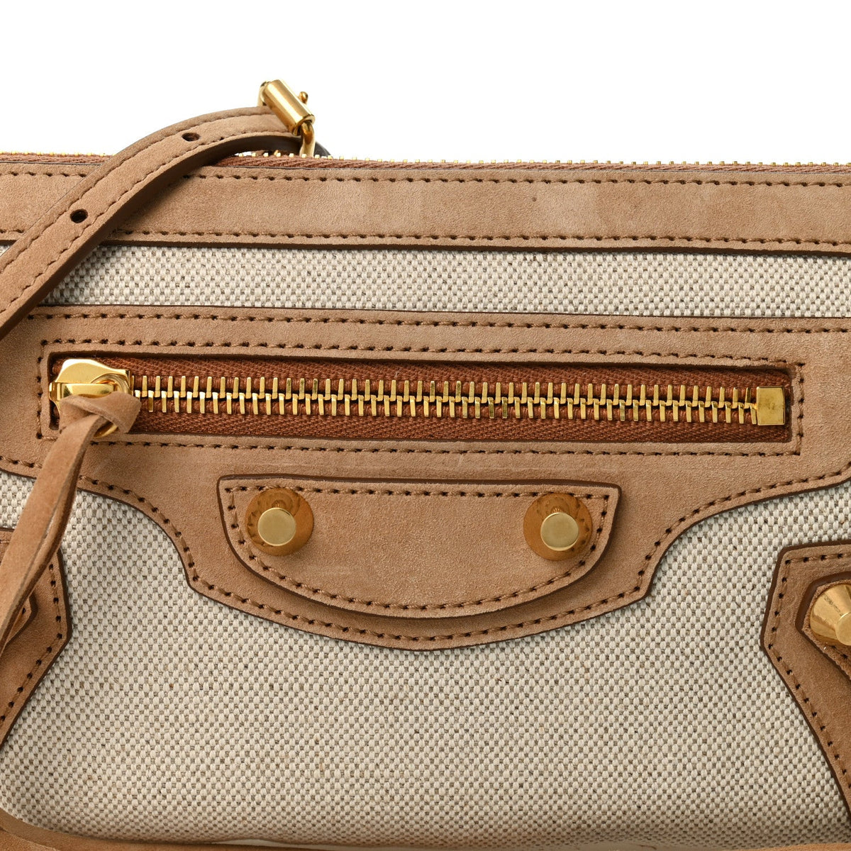 Linen Canvas Waxed Suede Calfskin Aged Gold Hardware Le City Pouch On Strap Beige Camel