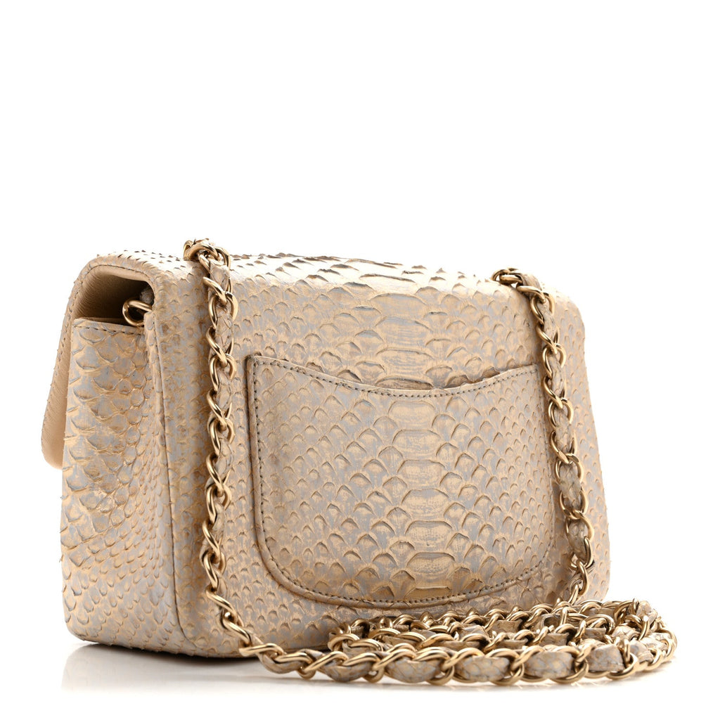 Metallic Snakeskin Mini Rectangular Flap White Gold
