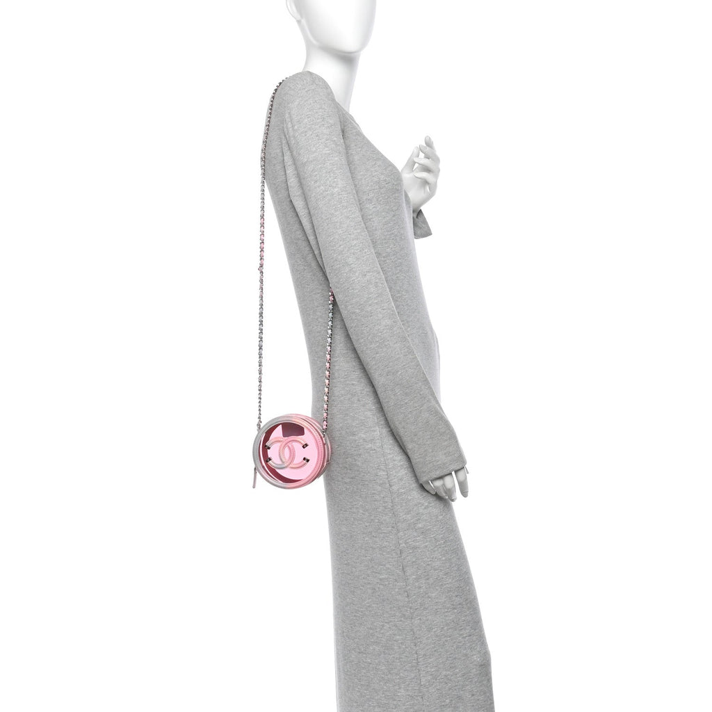 PVC Lambskin Filigree Round Clutch With Chain Pink