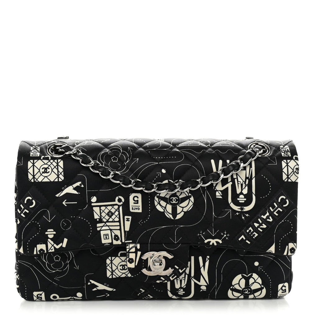 Satin Airline Printed Medium Double Flap Black White