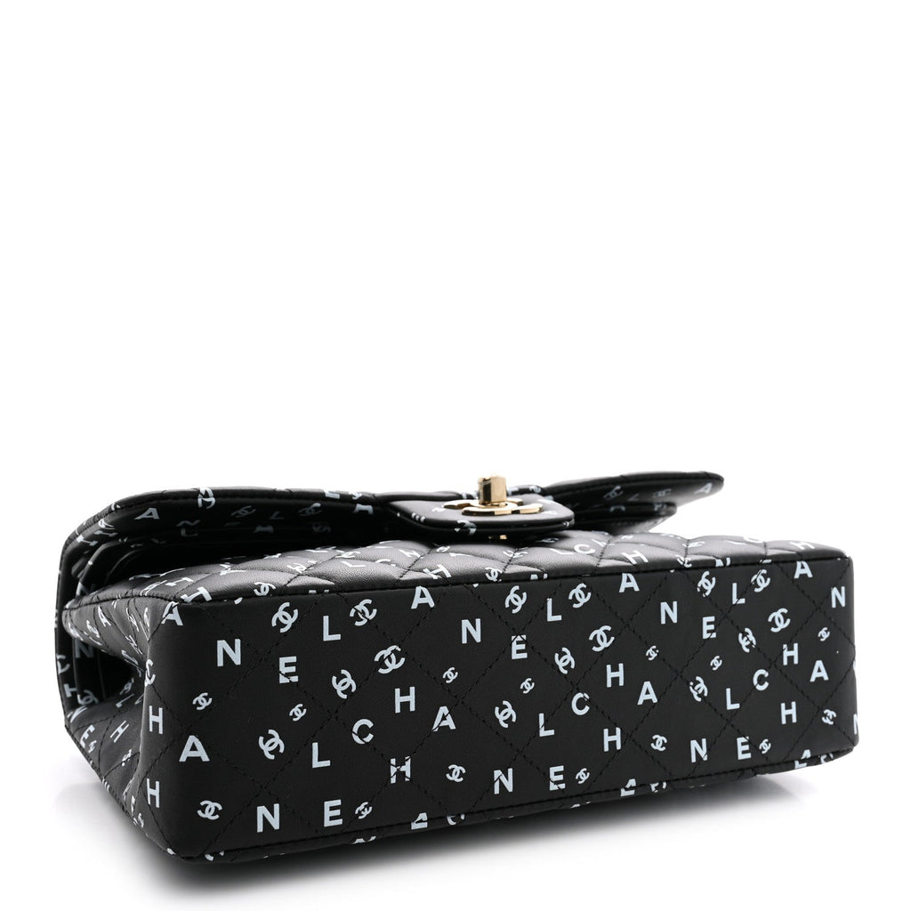 Lambskin Quilted Logo CC Printed Small Double Flap Black White