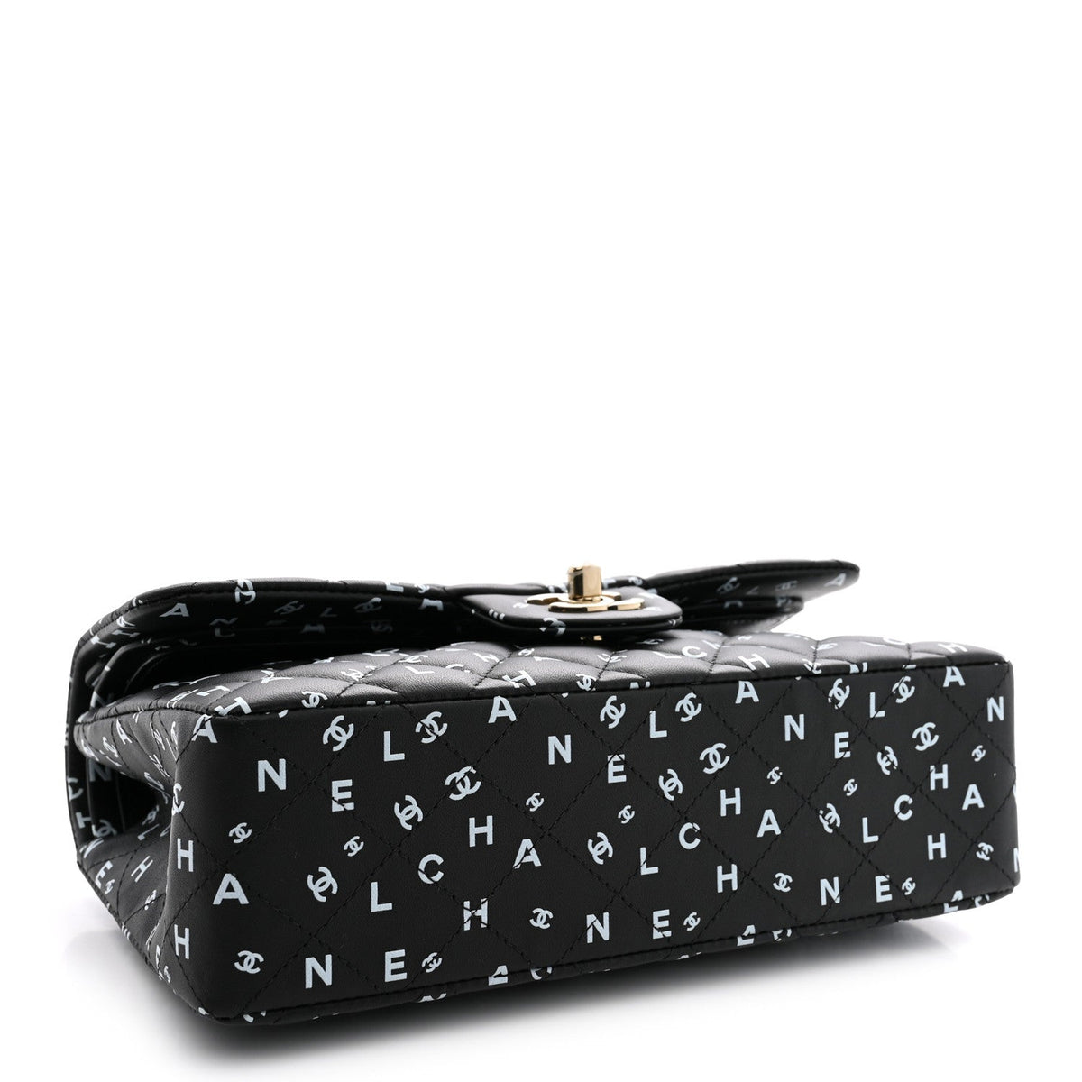 Lambskin Quilted Logo CC Printed Small Double Flap Black White