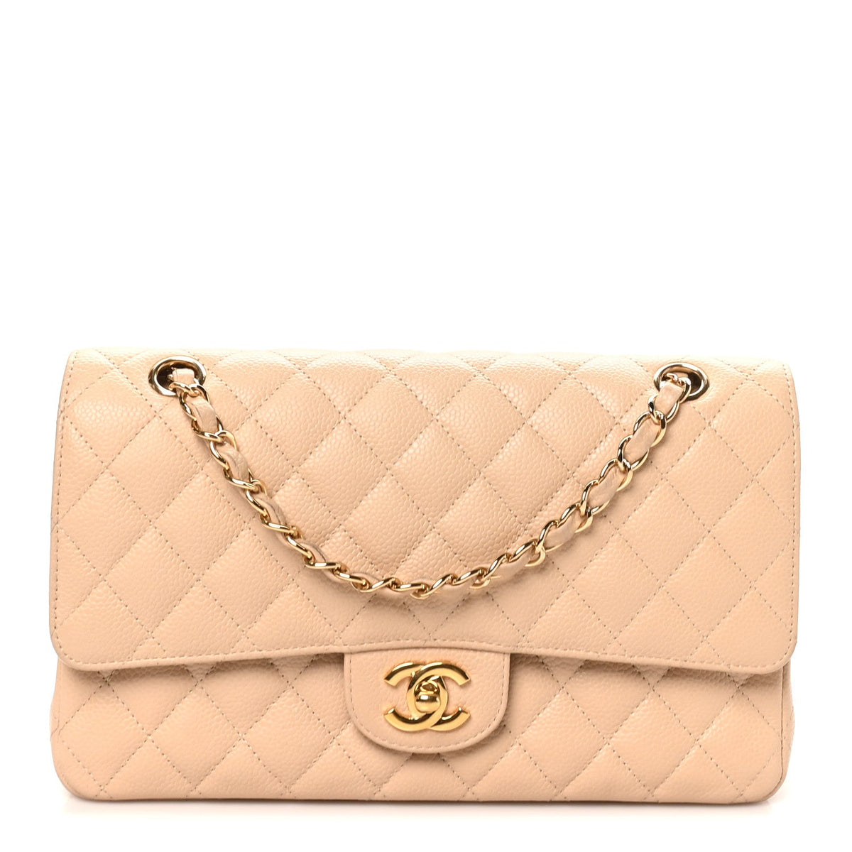 Caviar Quilted Medium Double Flap Beige