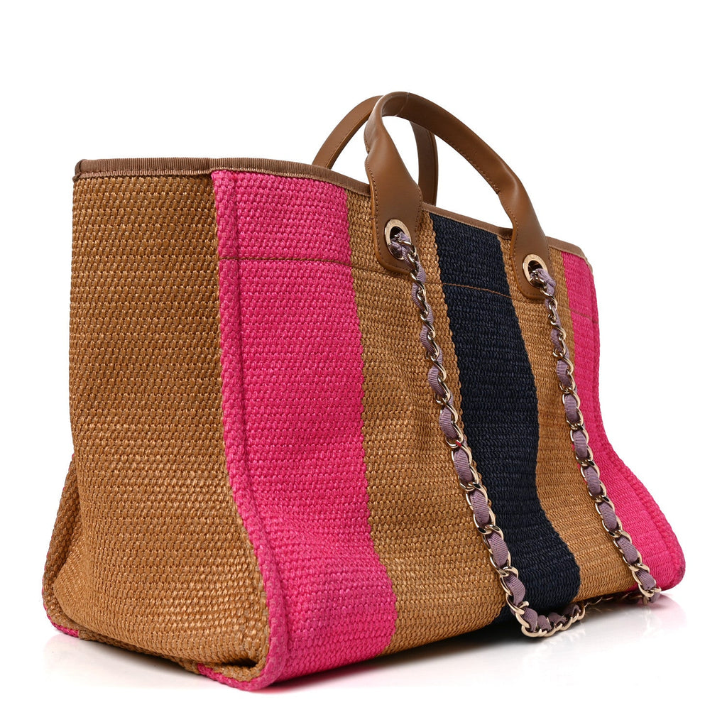 Straw Raffia Calfskin Striped Medium Deauville Tote Dark Beige Fuchsia Navy Blue