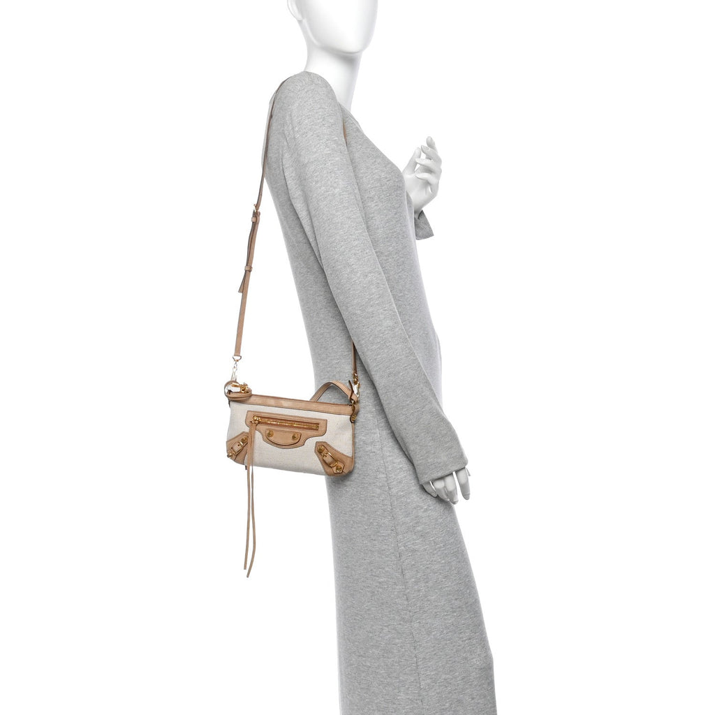 Linen Canvas Waxed Suede Calfskin Aged Gold Hardware Le City Pouch On Strap Beige Camel
