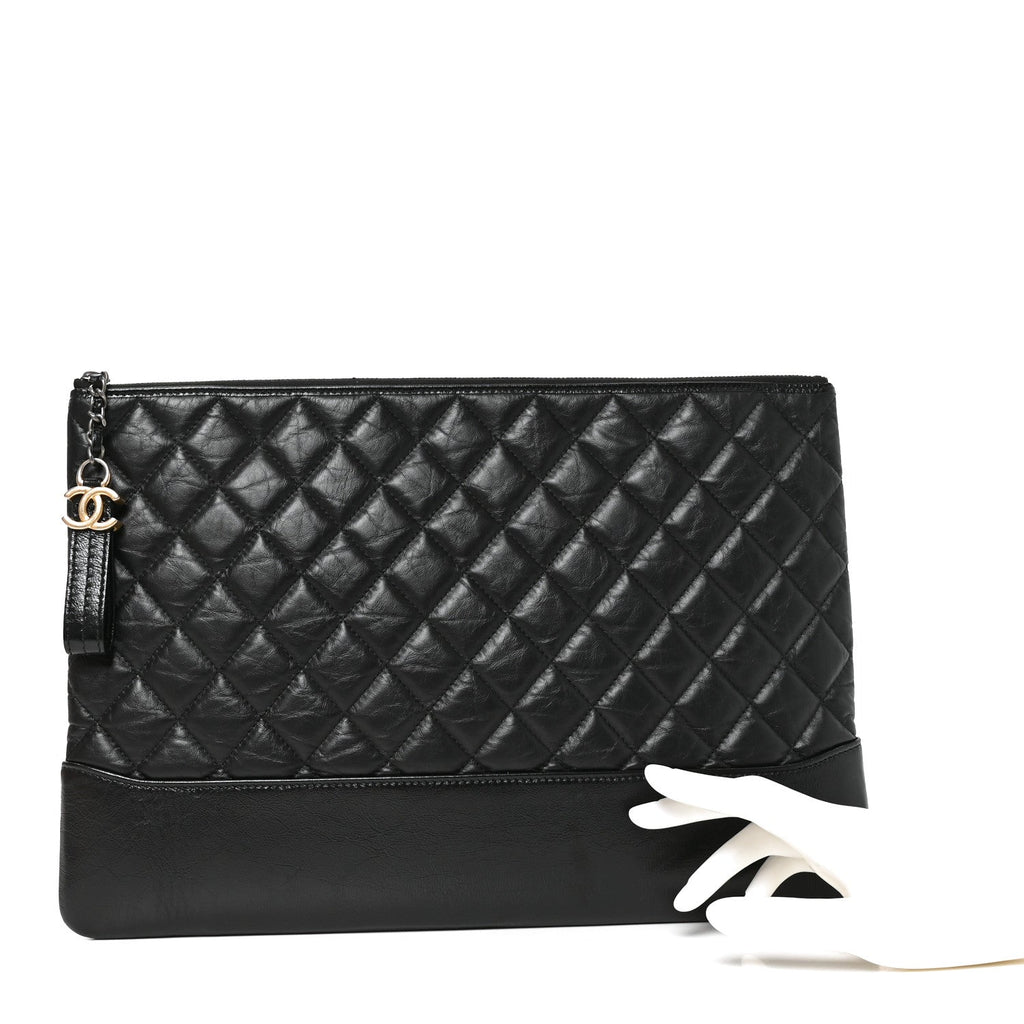 Aged Calfskin Quilted Large Gabrielle Cosmetic Case Black