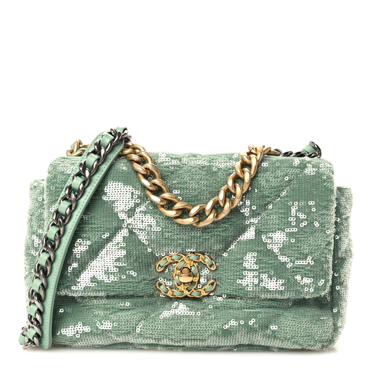 Sequin Quilted Medium Chanel 19 Flap Light Green