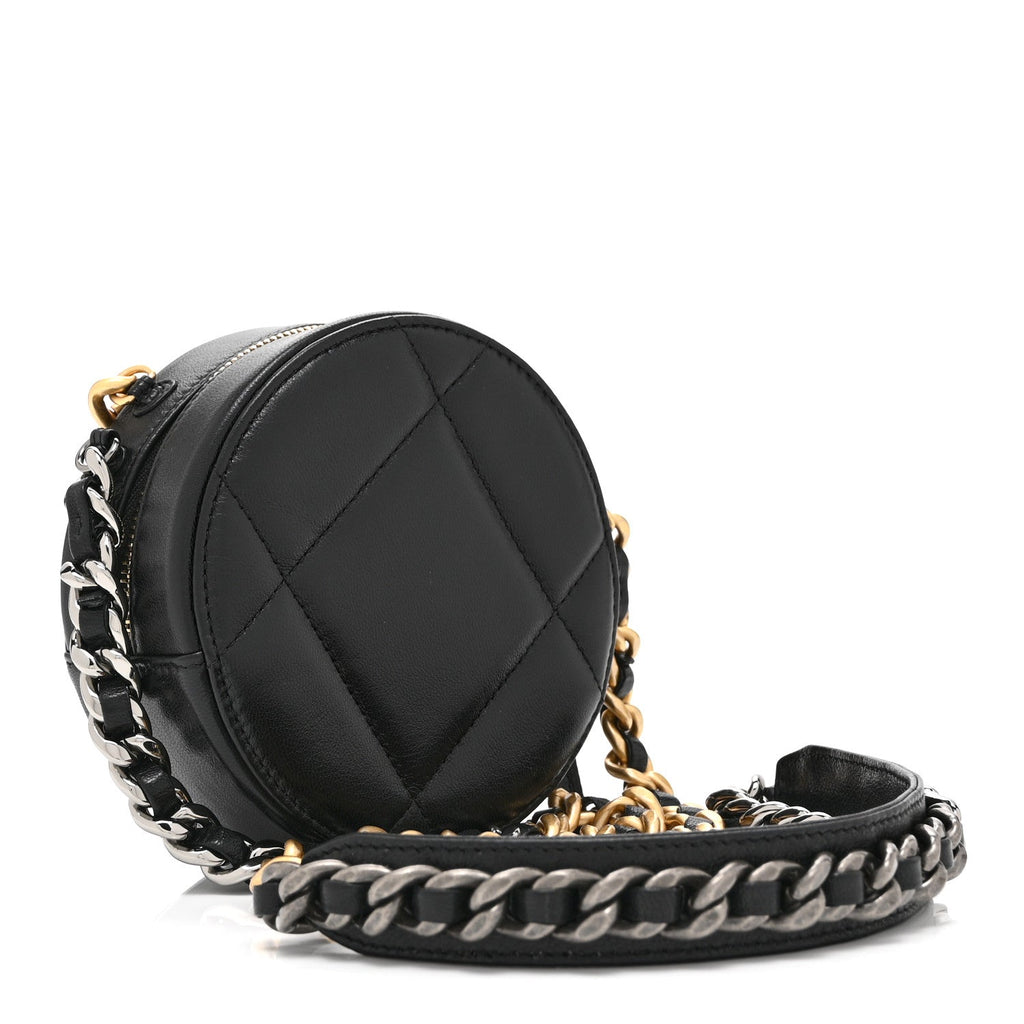 Shiny Goatskin Quilted Chanel 19 Round Clutch With Chain Black
