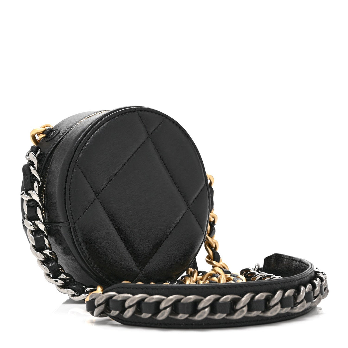 Shiny Goatskin Quilted Chanel 19 Round Clutch With Chain Black