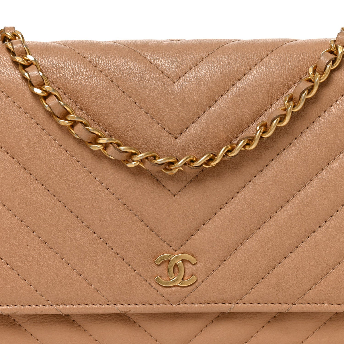 Calfskin Chevron Quilted Wallet On Chain WOC Beige