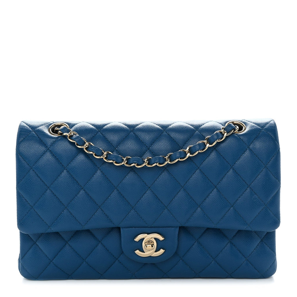Caviar Quilted Medium Double Flap Blue