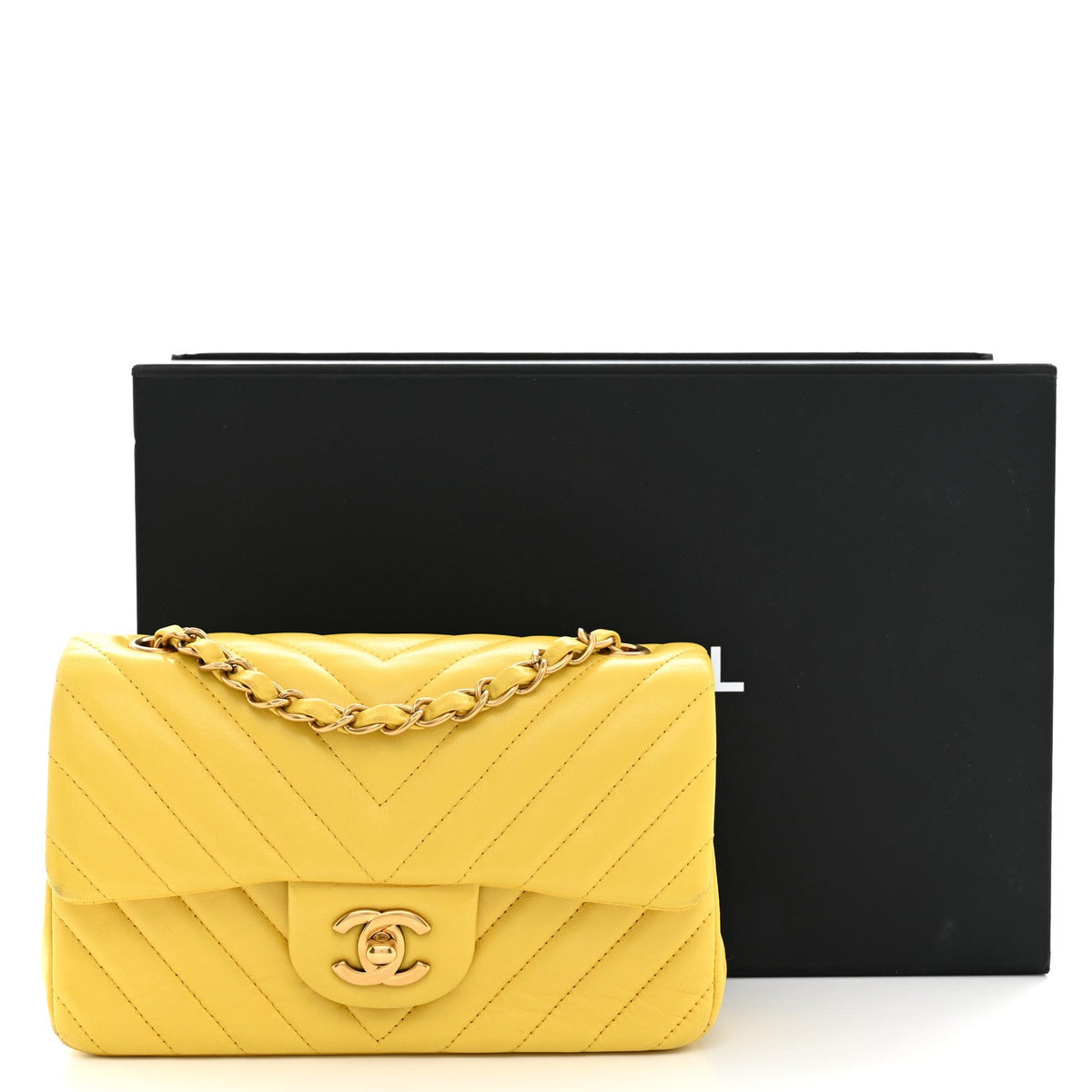 Lambskin Chevron Quilted Mini Rectangular Flap Yellow