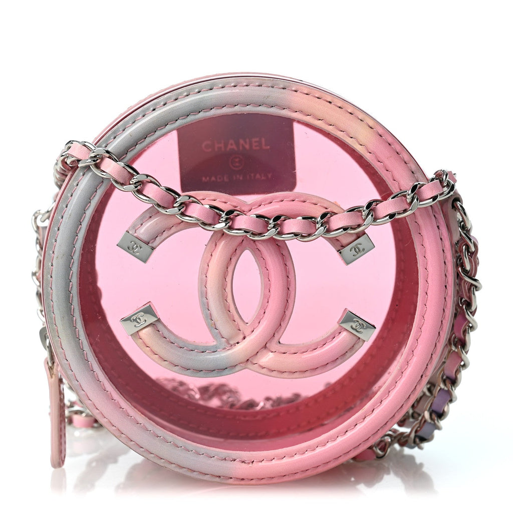 PVC Lambskin Filigree Round Clutch With Chain Pink