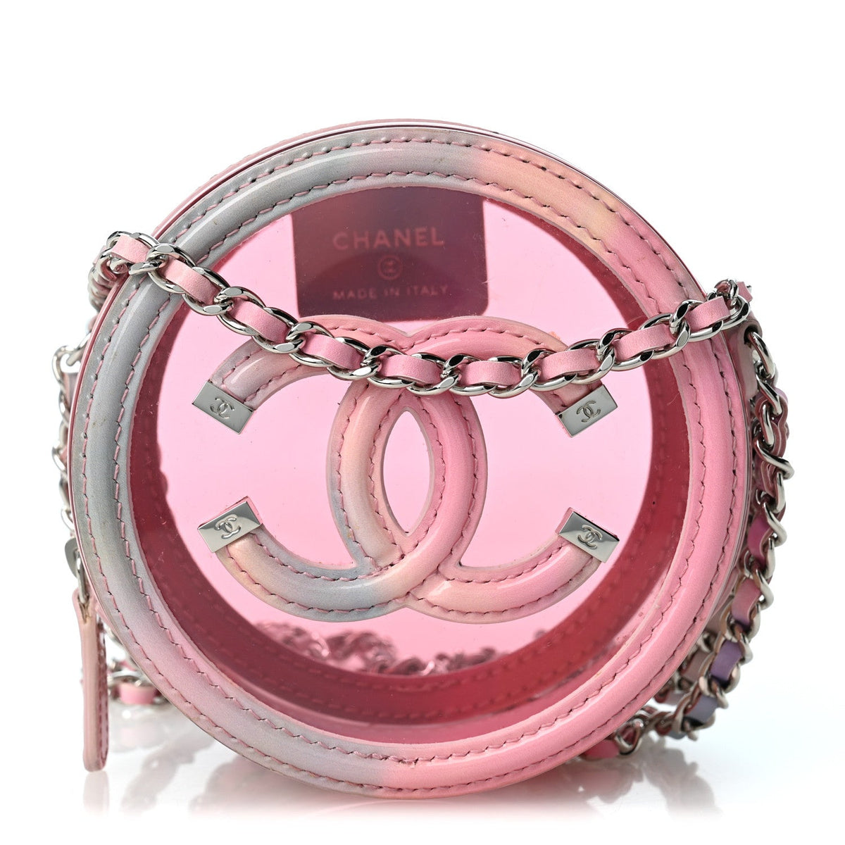 PVC Lambskin Filigree Round Clutch With Chain Pink