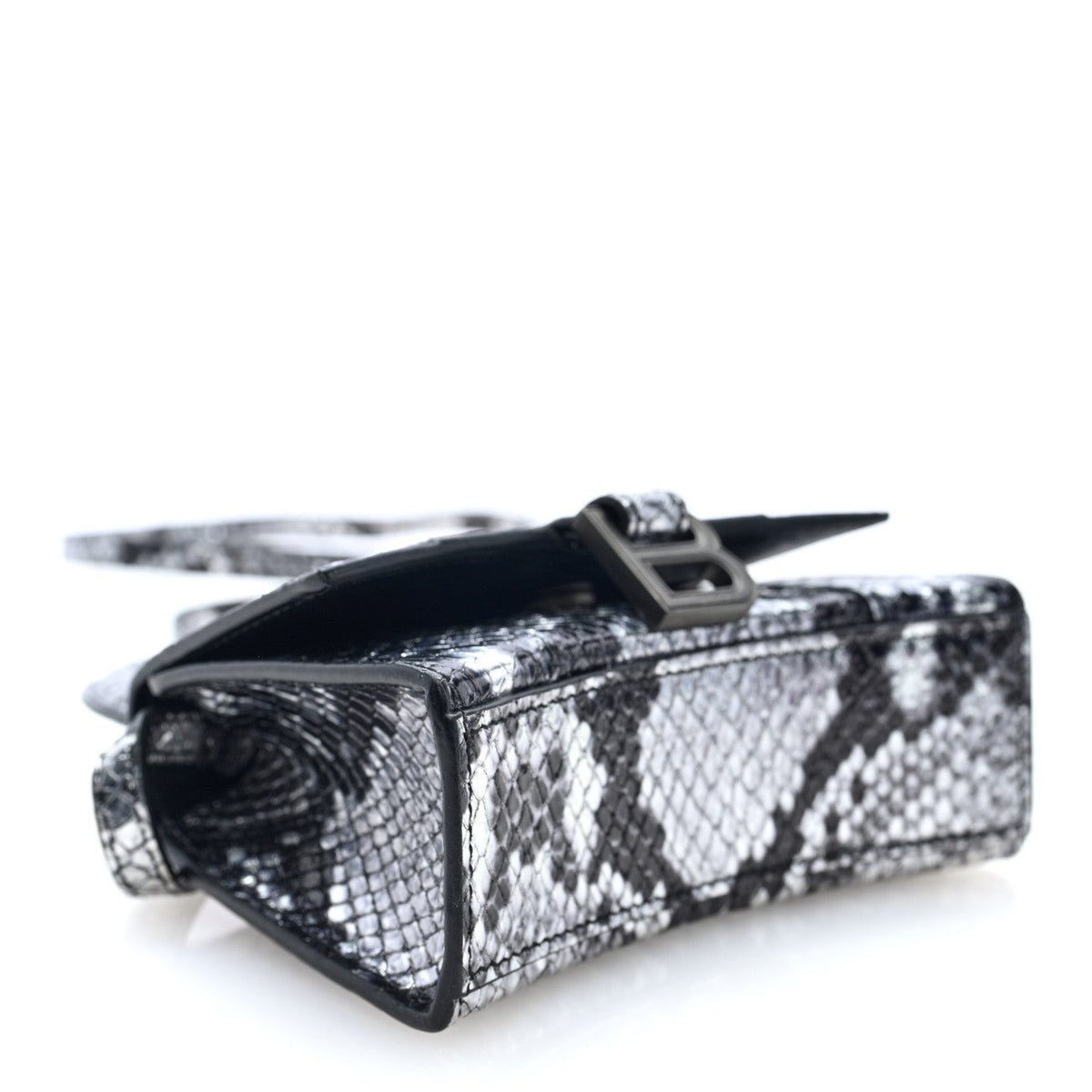 Shiny Calfskin Snakeskin Effect Hourglass Top Handle Bag Mini Silver Black