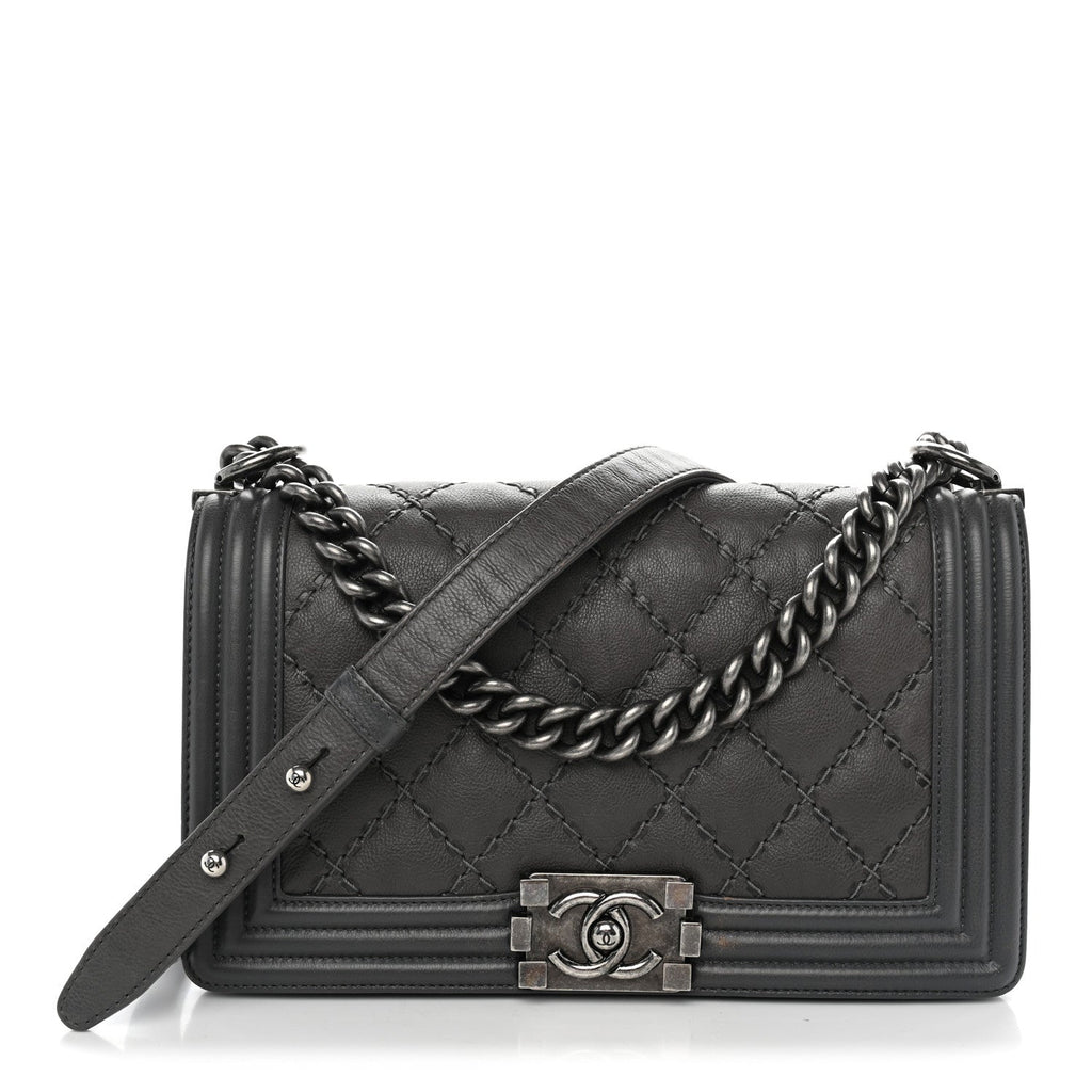 Calfskin Double Stitch Medium Boy Flap Grey