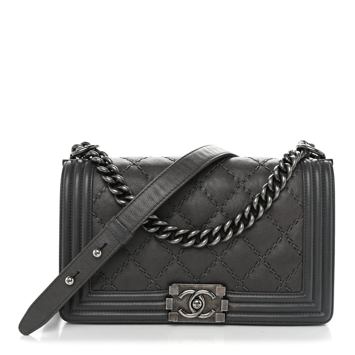 Calfskin Double Stitch Medium Boy Flap Grey