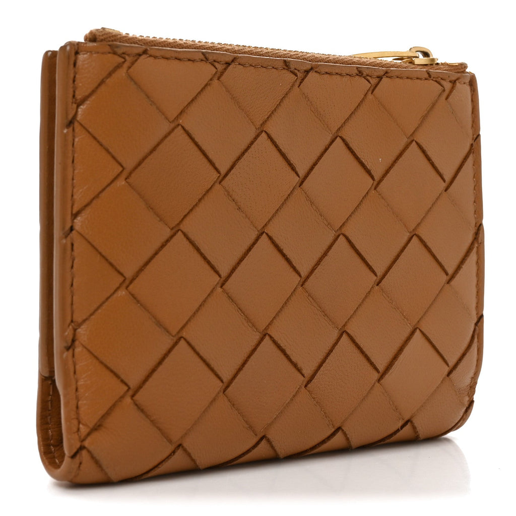 Nappa Intrecciato Small Bi-Fold Zip Wallet Caramel