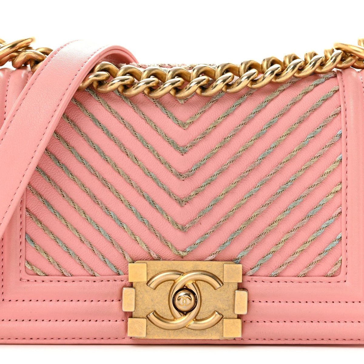 Calfskin Chevron Embroidered Small Boy By The Sea Flap Pink