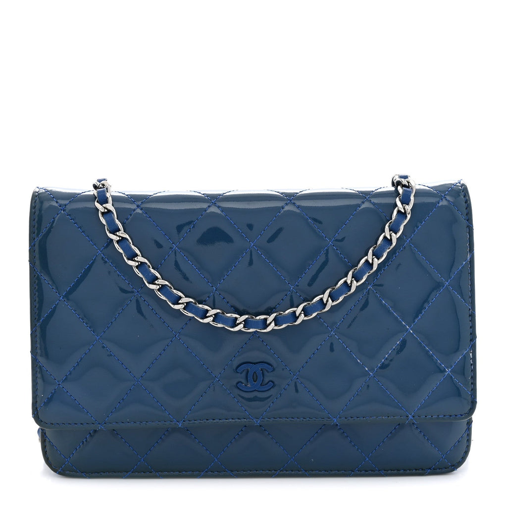Patent Calfskin Quilted Wallet On Chain WOC Dark Blue