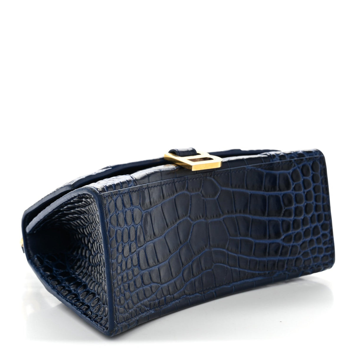 Shiny Calfskin Crocodile Embossed Small Hourglass Top Handle Bag Navy