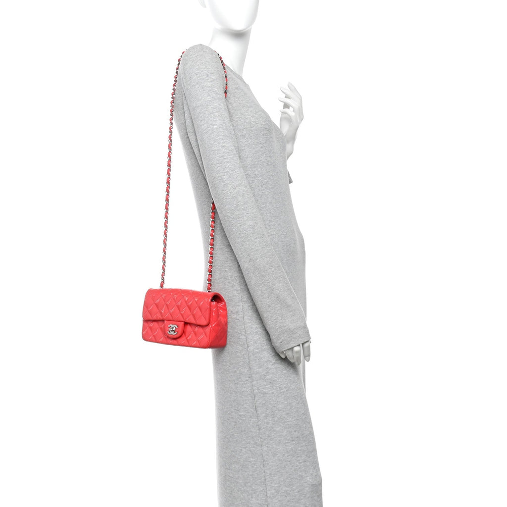 Patent Calfskin Quilted Mini Rectangular Flap Coral