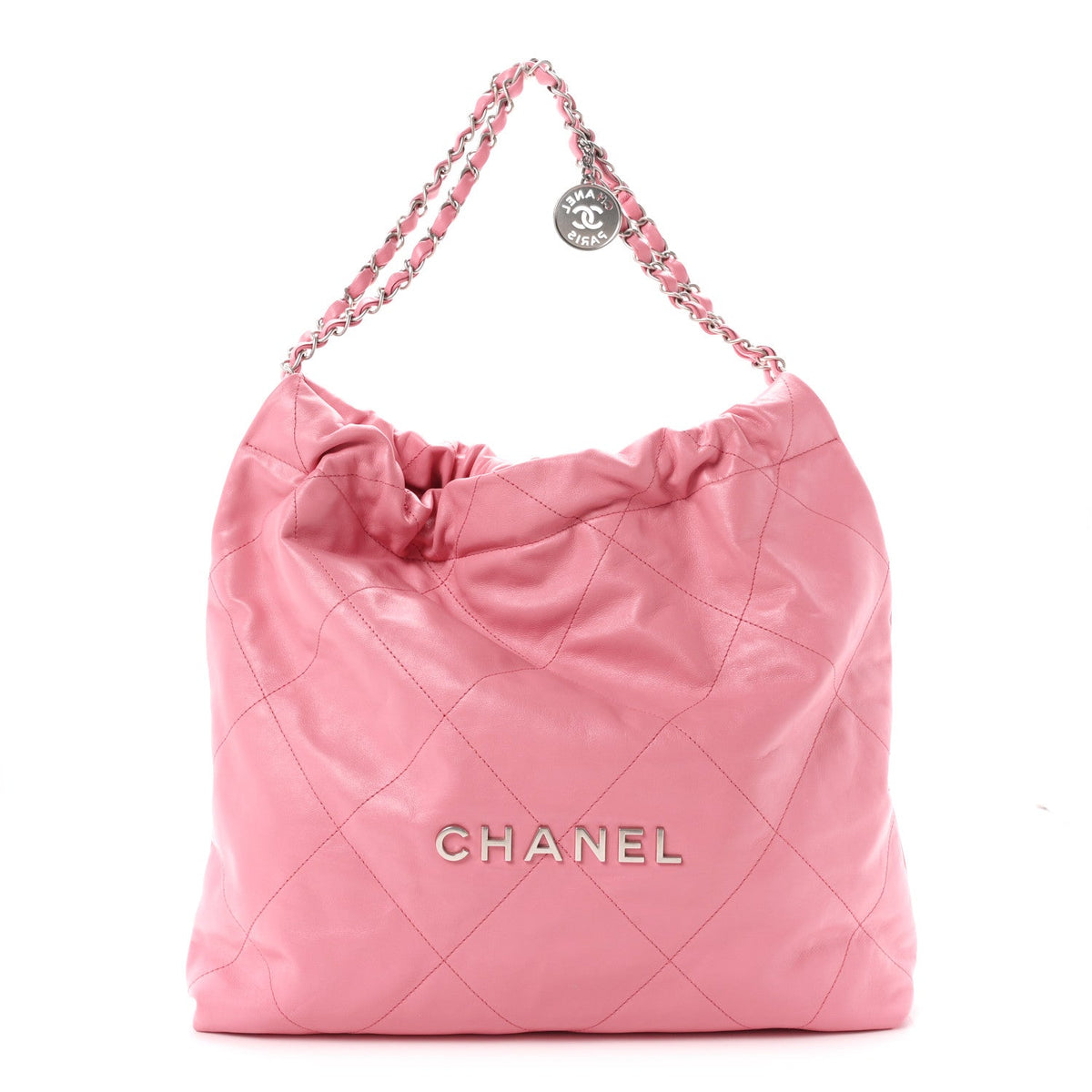 Shiny Calfskin Quilted Chanel 22 Drawstring Bag Pink