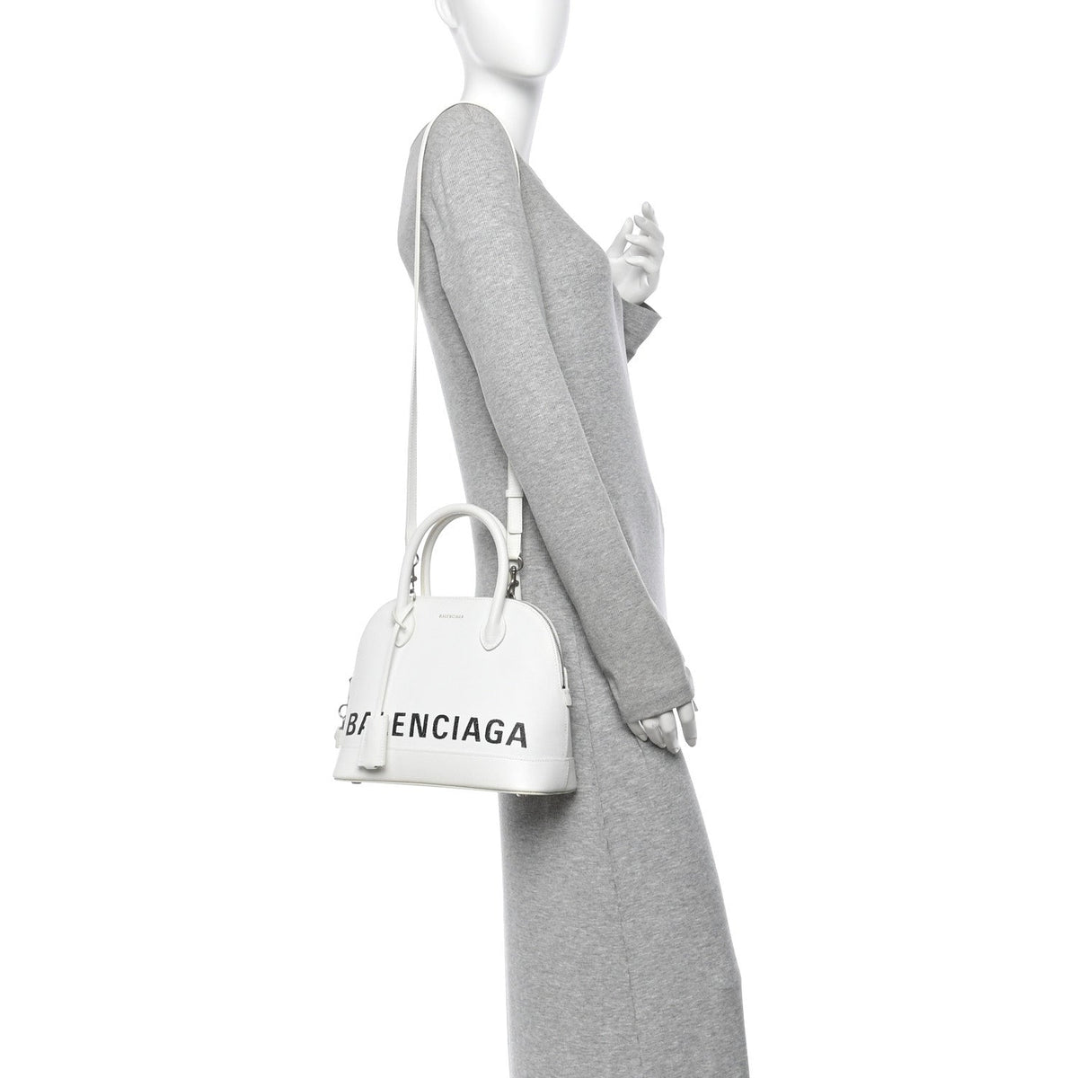 Signature Grained Calfskin Logo S Ville Top Handle Bag White Black