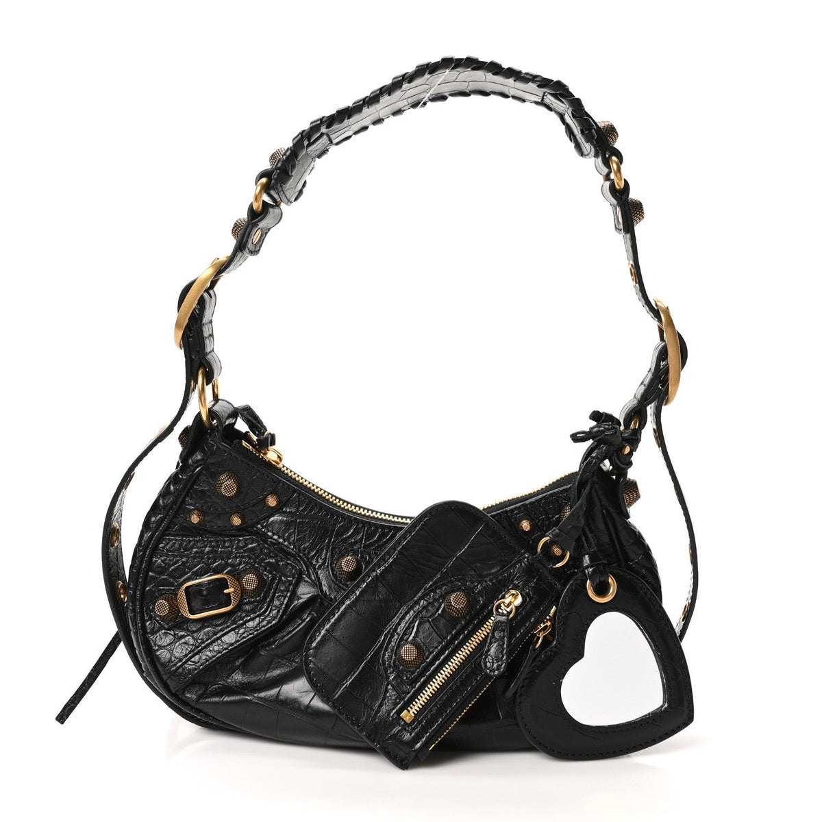 Extra Supple Calfskin Crocodile Embossed Le Cagole Shoulder Bag XS Black