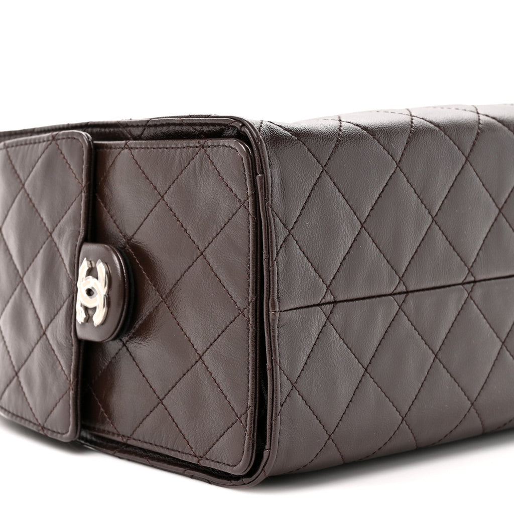 Shiny Crumpled Calfskin Quilted Small Chanel 25 Handbag Dark Brown