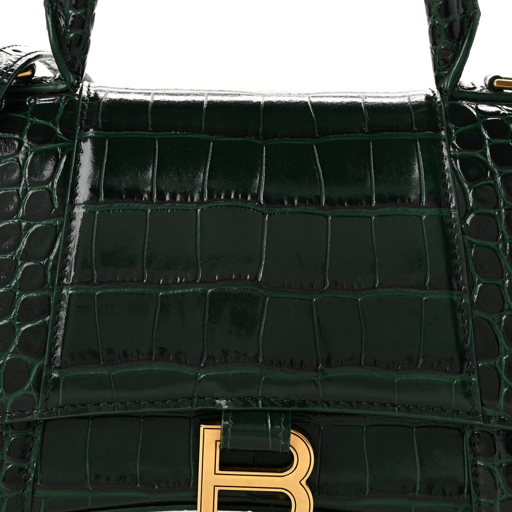 Shiny Calfskin Crocodile Embossed Small Hourglass Top Handle Bag Forest Green