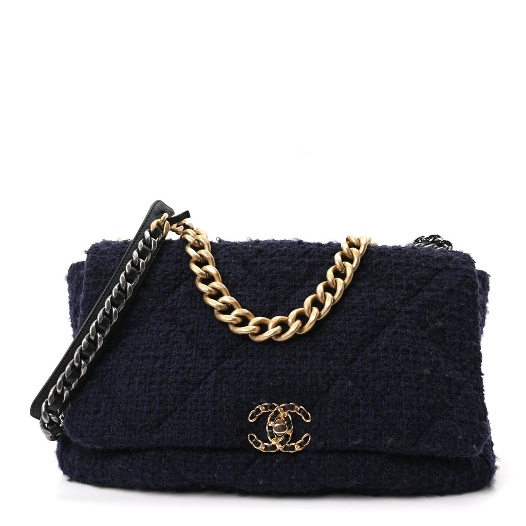 Tweed Quilted Maxi Chanel 19 Flap Navy
