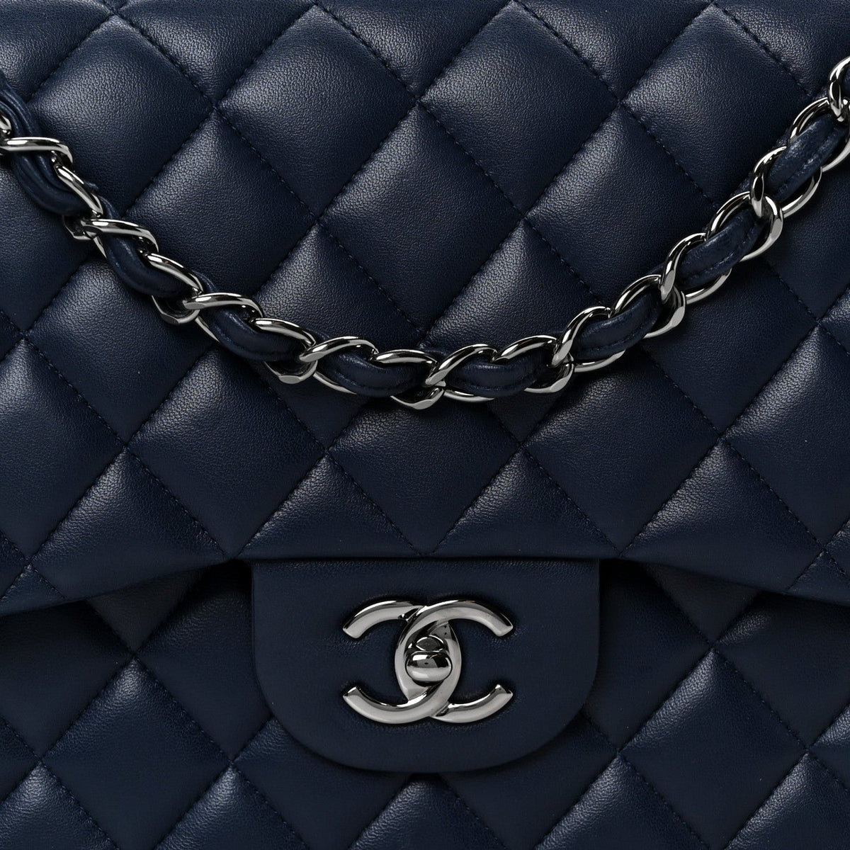 Lambskin Quilted Jumbo Double Flap Navy