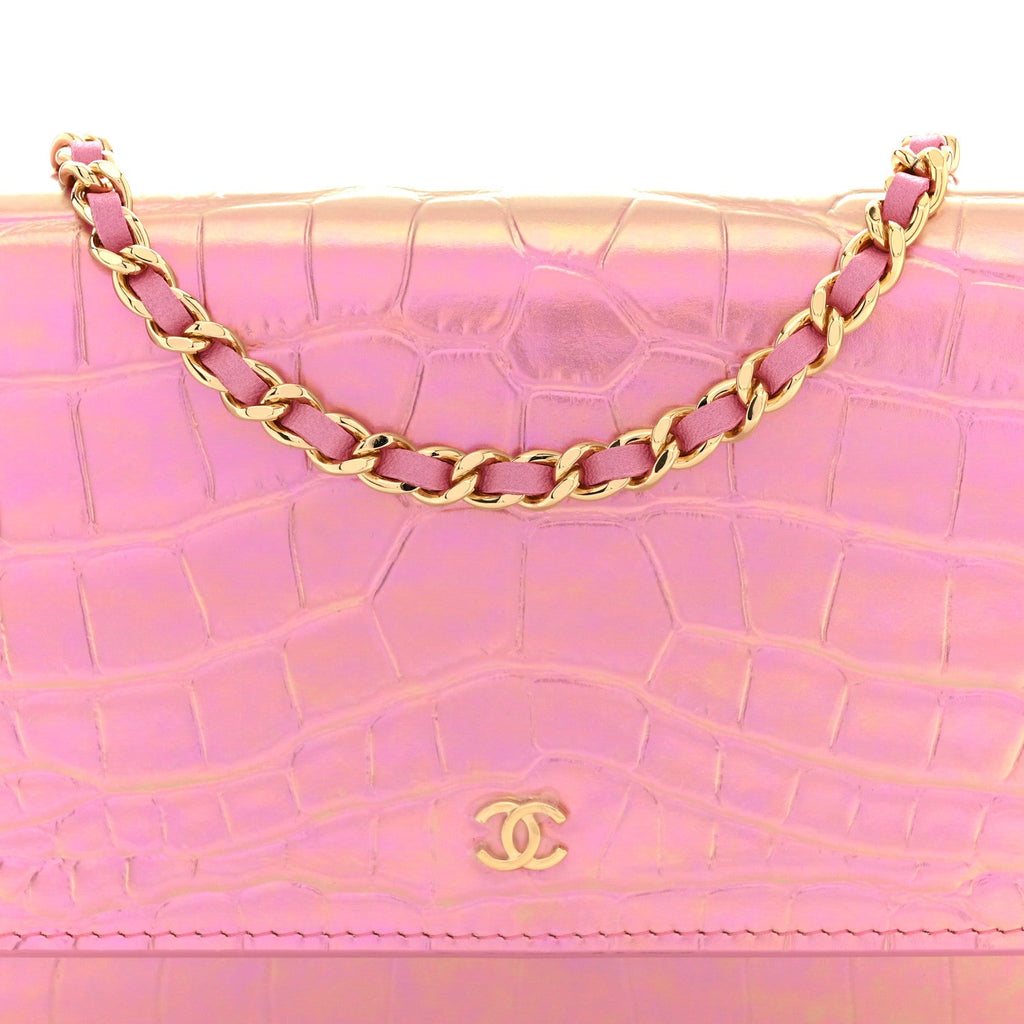 Iridescent Calfskin Crocodile Embossed Wallet On Chain WOC Pink