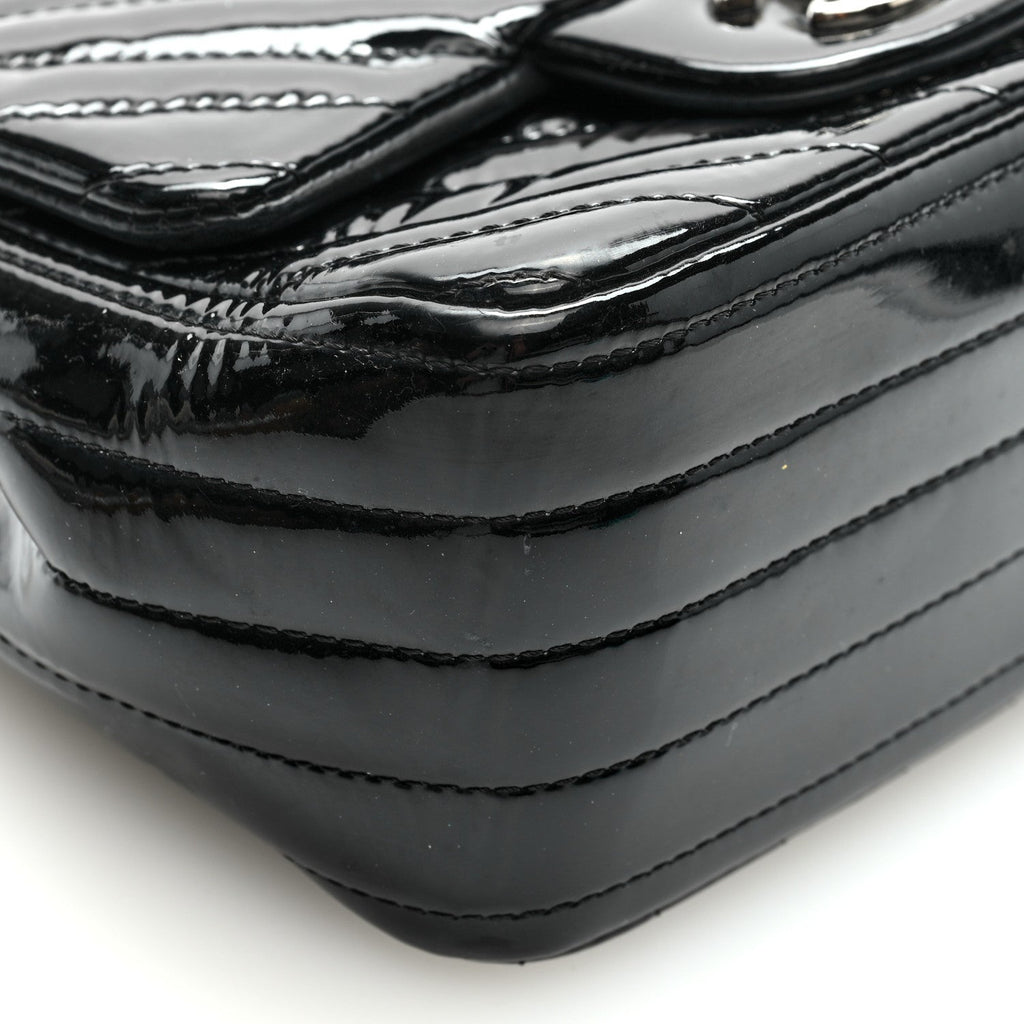 Patent Calfskin Chevron Quilted Mini Square Flap Black
