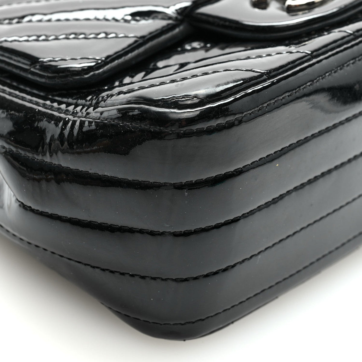 Patent Calfskin Chevron Quilted Mini Square Flap Black
