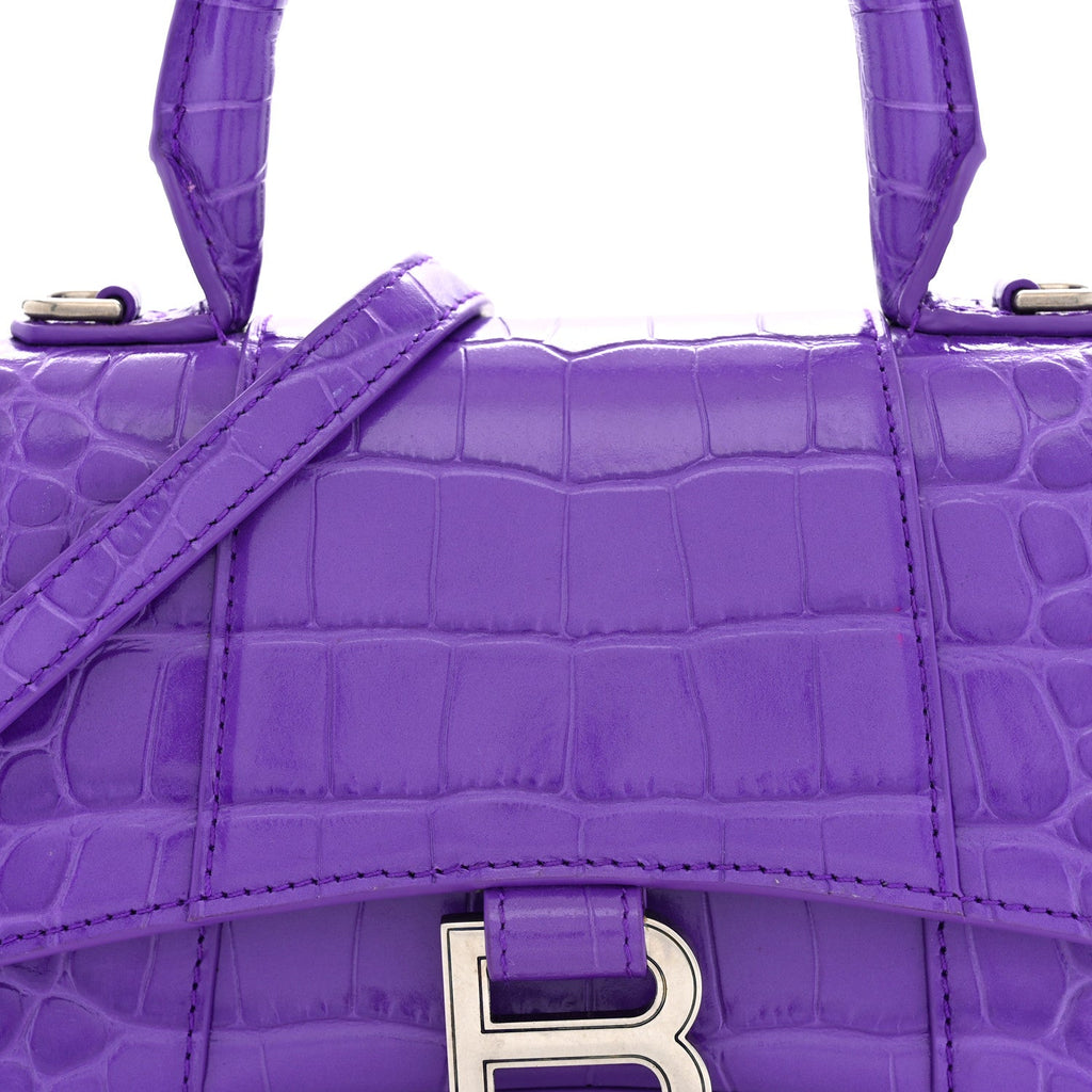Shiny Calfskin Crocodile Embossed Hourglass Top Handle Bag XS Viola