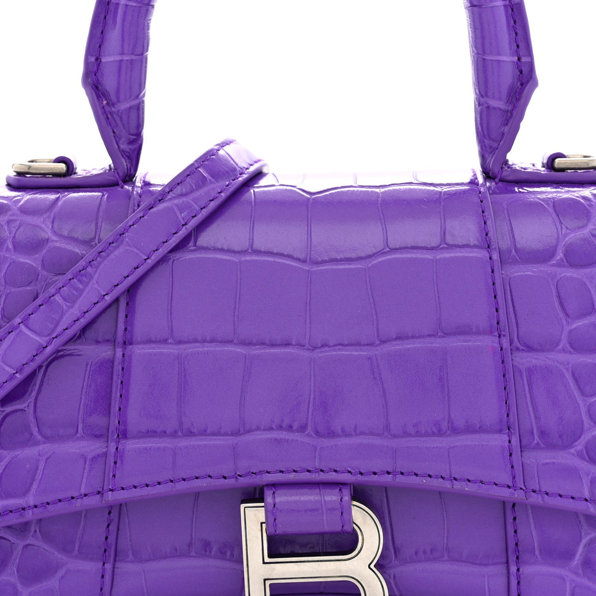 Shiny Calfskin Crocodile Embossed Hourglass Top Handle Bag XS Viola