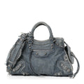 Washed Frayed Denim Crystal Neo Cagole City Handbag Blue