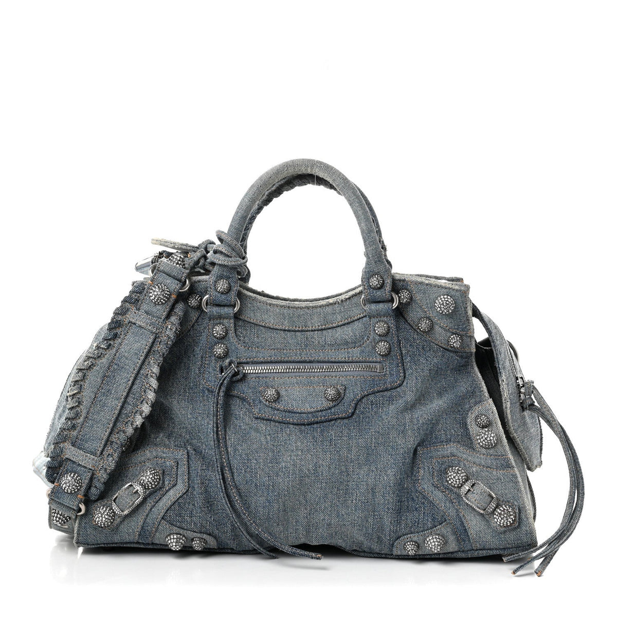 Washed Frayed Denim Crystal Neo Cagole City Handbag Blue