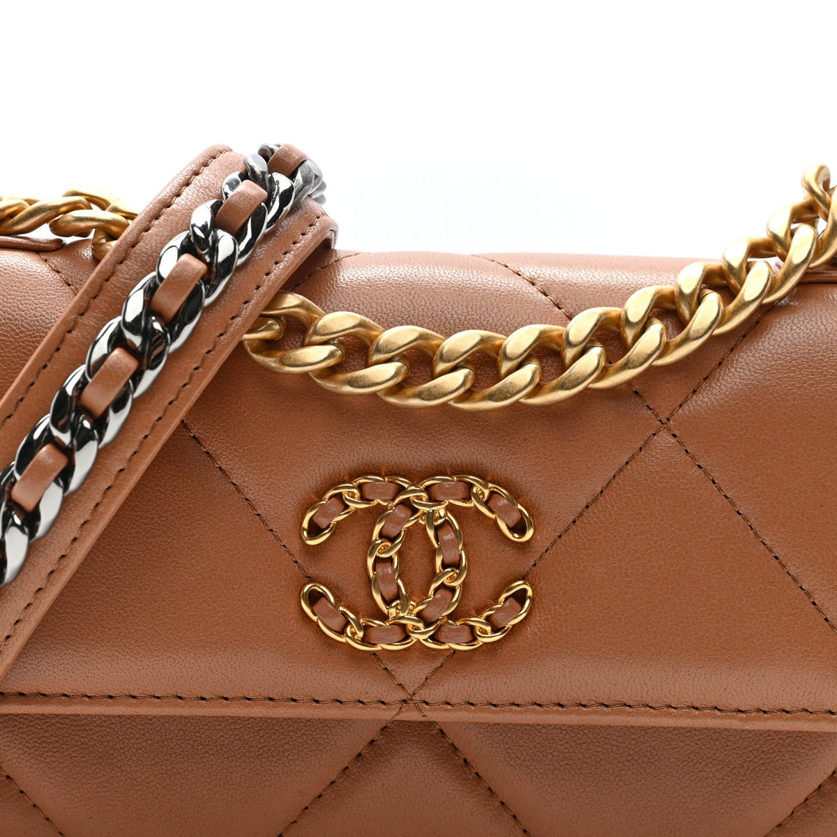 Lambskin Quilted Chanel 19 Flap Phone Holder With Chain Brown
