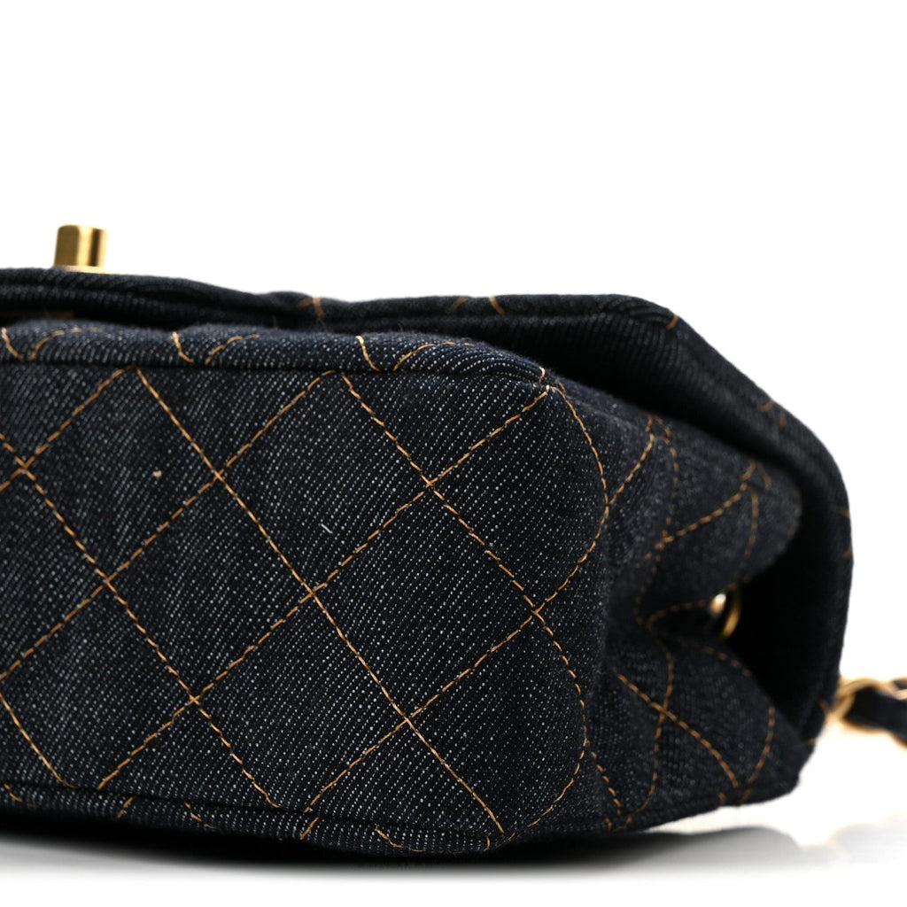 Denim Quilted Mini Rectangular Flap Dark Blue