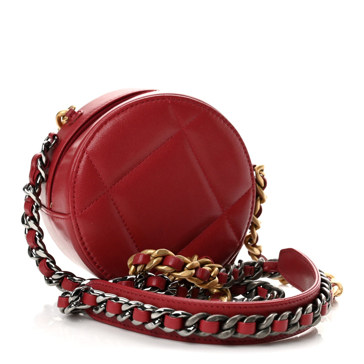 Shiny Goatskin Quilted Chanel 19 Round Clutch With Chain Red