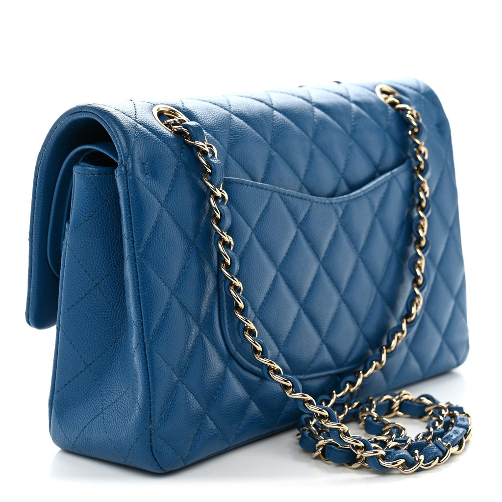 Caviar Quilted Medium Double Flap Blue