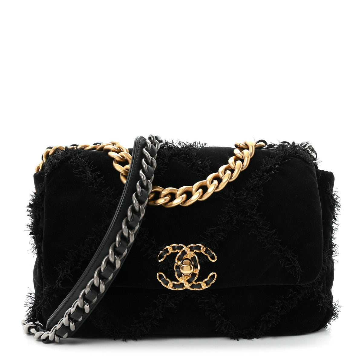 Velvet Tweed Quilted Medium Chanel 19 Flap Black